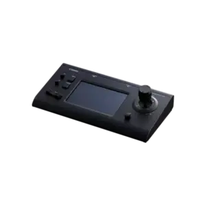 Controlador Canon RC-IP100 con pantalla táctil de 7 pulgadas y joystick profesional para el control remoto de cámaras PTZ Canon en producciones audiovisuales.