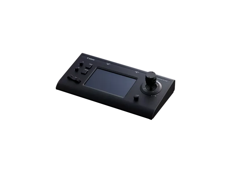 Controlador Canon RC-IP100 con pantalla táctil de 7 pulgadas y joystick profesional para el control remoto de cámaras PTZ Canon en producciones audiovisuales.