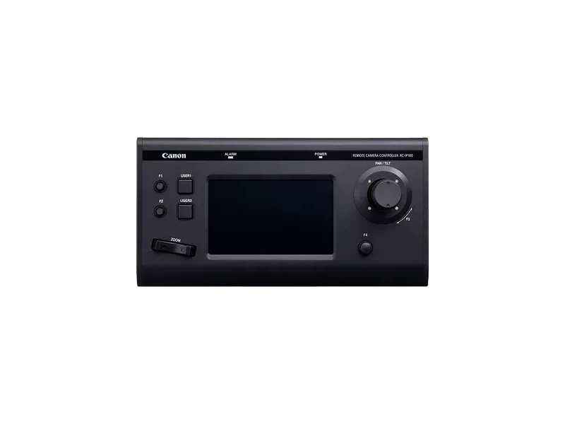 Controlador Canon RC-IP100 con pantalla táctil de 7 pulgadas y joystick profesional para el control remoto de cámaras PTZ Canon en producciones audiovisuales.