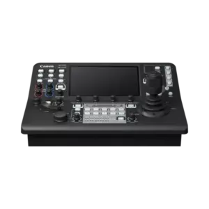 Controlador Canon RC-IP1000 para cámaras PTZ profesionales con pantalla táctil integrada, joystick de precisión y controles avanzados para producción broadcast.