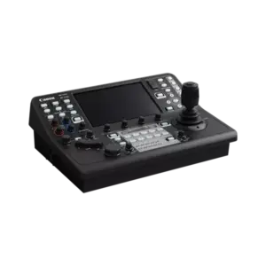 Controlador Canon RC-IP1000 para cámaras PTZ profesionales con pantalla táctil integrada, joystick de precisión y controles avanzados para producción broadcast.
