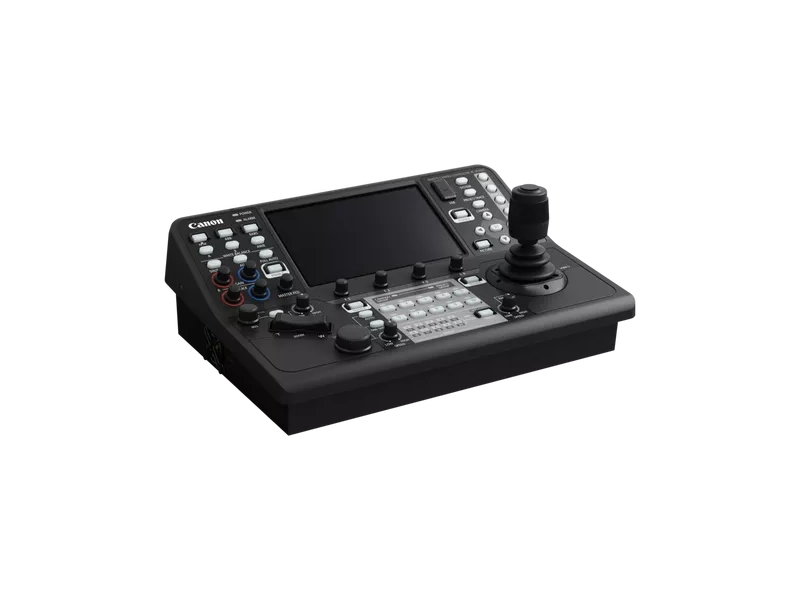 Controlador Canon RC-IP1000 para cámaras PTZ profesionales con pantalla táctil integrada, joystick de precisión y controles avanzados para producción broadcast.