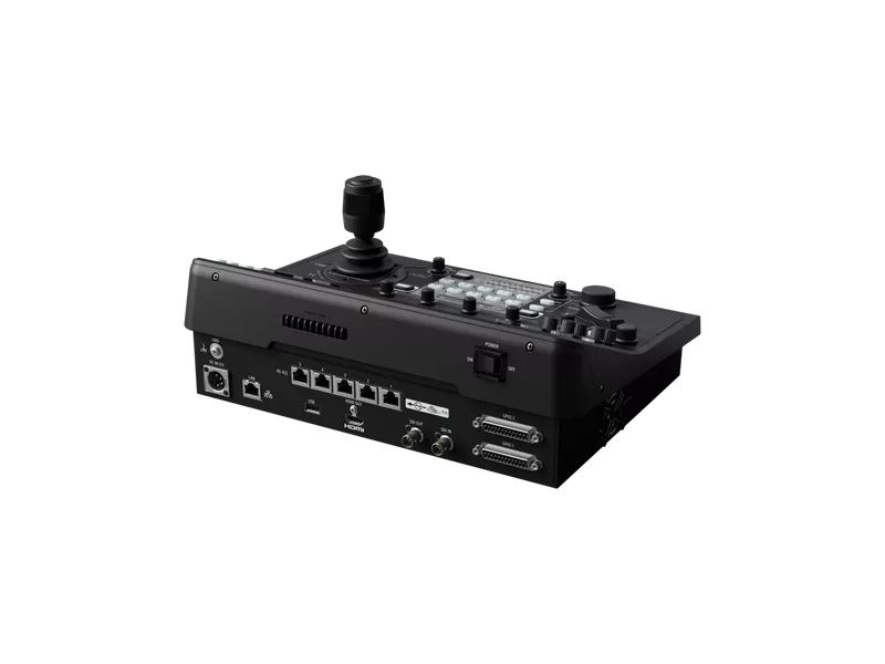 Controlador Canon RC-IP1000 para cámaras PTZ profesionales con pantalla táctil integrada, joystick de precisión y controles avanzados para producción broadcast.