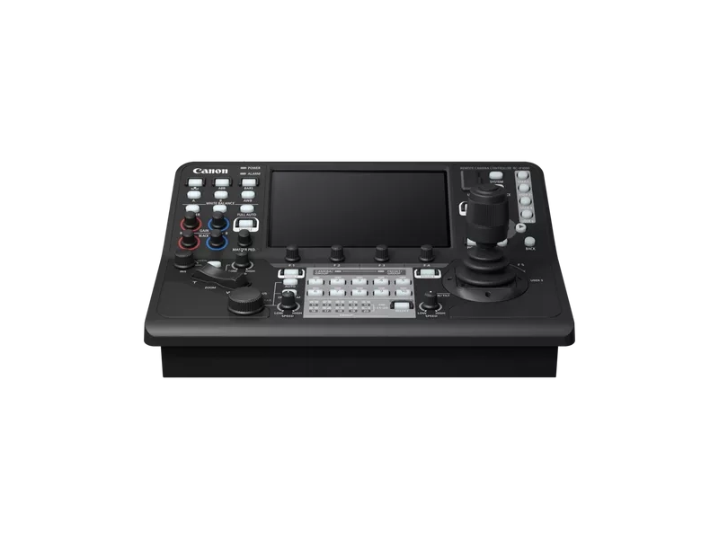 Controlador Canon RC-IP1000 para cámaras PTZ profesionales con pantalla táctil integrada, joystick de precisión y controles avanzados para producción broadcast.