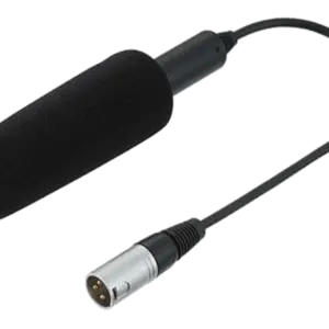 Micrófono Panasonic AG-MC200G de condensador con patrón supercardioide, salida XLR de 3 pines y alimentación Phantom de +48 V para cámaras profesionales.