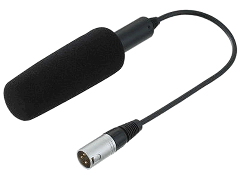Micrófono Panasonic AG-MC200G de condensador con patrón supercardioide, salida XLR de 3 pines y alimentación Phantom de +48 V para cámaras profesionales.