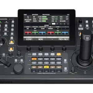 Controlador Panasonic AW-RP200GJ para cámaras PTZ con doble joystick, pantalla táctil de 7", monitorización SDI, NDI®, SRT y funciones Macro.