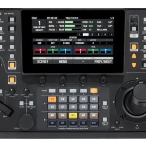 Controlador Panasonic AW-RP200GJ para cámaras PTZ con doble joystick, pantalla táctil de 7", monitorización SDI, NDI®, SRT y funciones Macro.