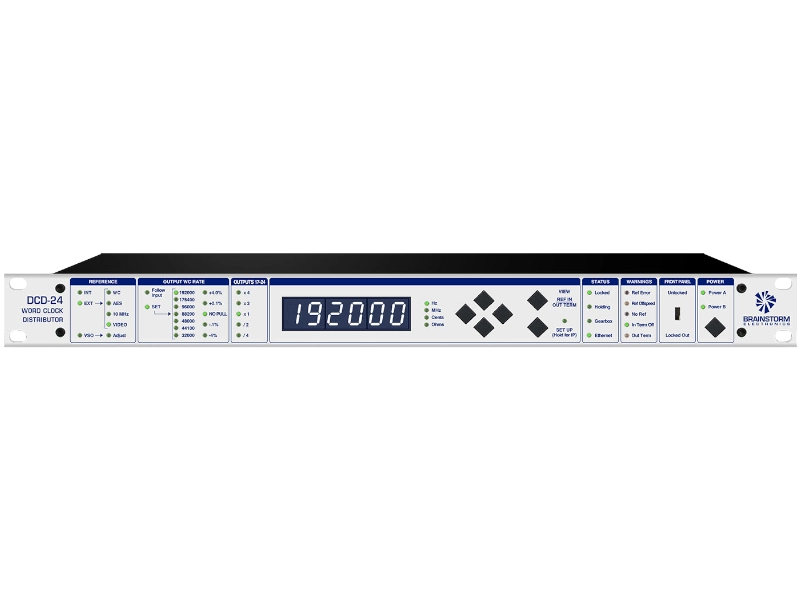 Brainstorm DCD-24 distribuidor y generador de Word Clock con 24 salidas BNC, reducción de jitter y sincronización profesional para estudios de audio y broadcast.