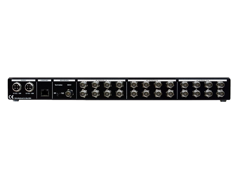Brainstorm DCD-24 distribuidor y generador de Word Clock con 24 salidas BNC, reducción de jitter y sincronización profesional para estudios de audio y broadcast.
