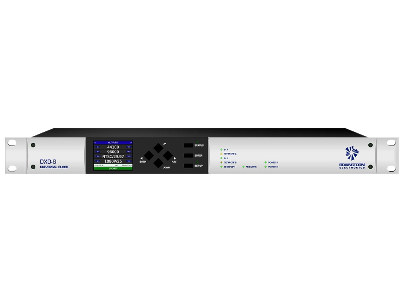 Brainstorm DXD-8 Universal Clock con ocho salidas BNC configurables, generación de referencias broadcast y opciones PTP y GPS para sincronización profesional.