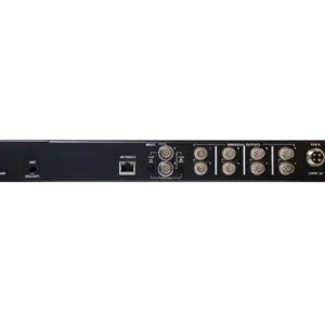 Brainstorm DXD-8 Universal Clock con ocho salidas BNC configurables, generación de referencias broadcast y opciones PTP y GPS para sincronización profesional.