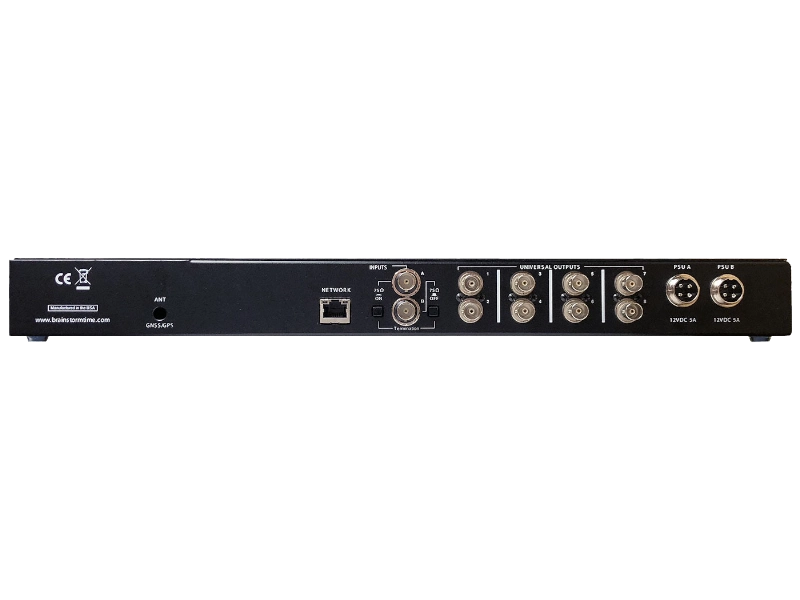 Brainstorm DXD-8 Universal Clock con ocho salidas BNC configurables, generación de referencias broadcast y opciones PTP y GPS para sincronización profesional.