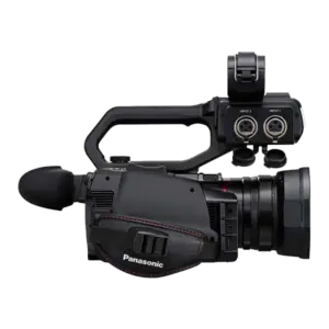 Videocámara profesional Panasonic AG-CX20 con grabación 4K UHD, zoom óptico 24x, doble ranura SD, streaming IP y conectividad broadcast.