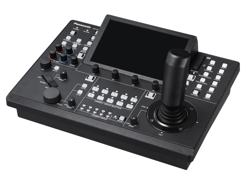 Controlador remoto Panasonic AW-RP150GJ con pantalla táctil de 7 pulgadas, joystick profesional, entrada 3G-SDI, control IP y alimentación PoE+.