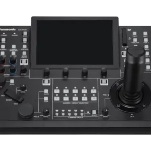 Controlador remoto Panasonic AW-RP150GJ con pantalla táctil de 7 pulgadas, joystick profesional, entrada 3G-SDI, control IP y alimentación PoE+.