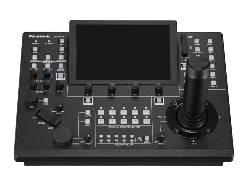 Controlador remoto Panasonic AW-RP150GJ con pantalla táctil de 7 pulgadas, joystick profesional, entrada 3G-SDI, control IP y alimentación PoE+.