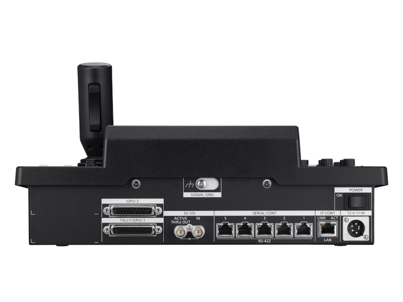 Controlador remoto Panasonic AW-RP150GJ con pantalla táctil de 7 pulgadas, joystick profesional, entrada 3G-SDI, control IP y alimentación PoE+.