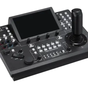 Controlador remoto Panasonic AW-RP150GJ con pantalla táctil de 7 pulgadas, joystick profesional, entrada 3G-SDI, control IP y alimentación PoE+.