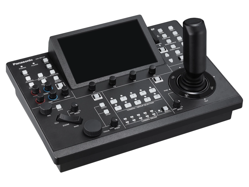 Controlador remoto Panasonic AW-RP150GJ con pantalla táctil de 7 pulgadas, joystick profesional, entrada 3G-SDI, control IP y alimentación PoE+.