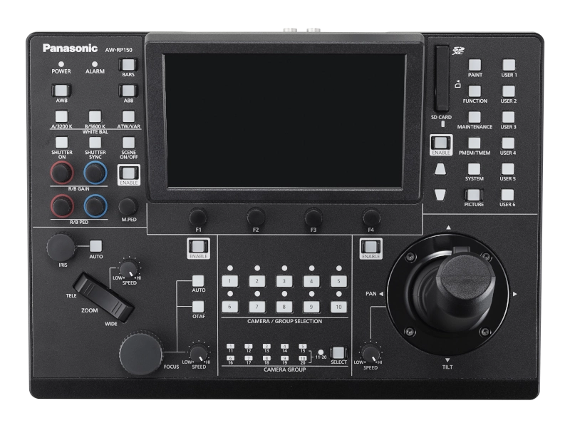 Controlador remoto Panasonic AW-RP150GJ con pantalla táctil de 7 pulgadas, joystick profesional, entrada 3G-SDI, control IP y alimentación PoE+.