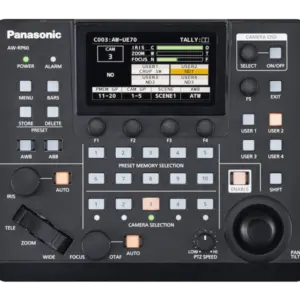 Controlador remoto Panasonic AW-RP60GJ para cámaras PTZ con pantalla LCD de 3,5", joystick profesional, control IP y alimentación PoE.