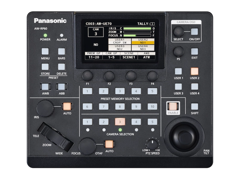Controlador remoto Panasonic AW-RP60GJ para cámaras PTZ con pantalla LCD de 3,5", joystick profesional, control IP y alimentación PoE.