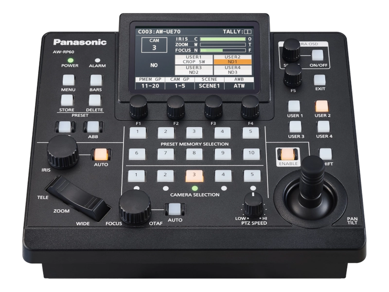Controlador remoto Panasonic AW-RP60GJ para cámaras PTZ con pantalla LCD de 3,5", joystick profesional, control IP y alimentación PoE.