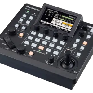 Controlador remoto Panasonic AW-RP60GJ para cámaras PTZ con pantalla LCD de 3,5", joystick profesional, control IP y alimentación PoE.