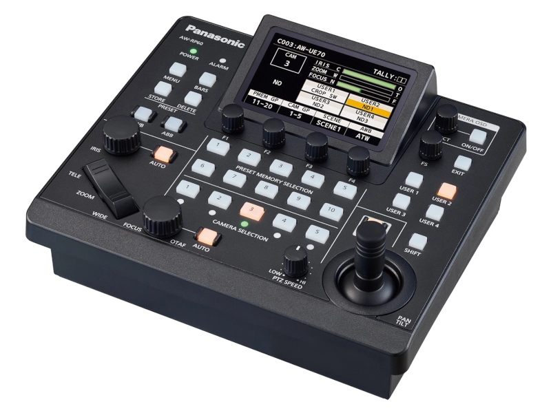 Controlador remoto Panasonic AW-RP60GJ para cámaras PTZ con pantalla LCD de 3,5", joystick profesional, control IP y alimentación PoE.