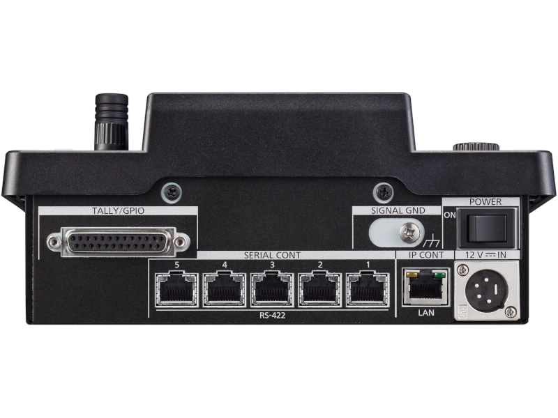 Controlador remoto Panasonic AW-RP60GJ para cámaras PTZ con pantalla LCD de 3,5", joystick profesional, control IP y alimentación PoE.