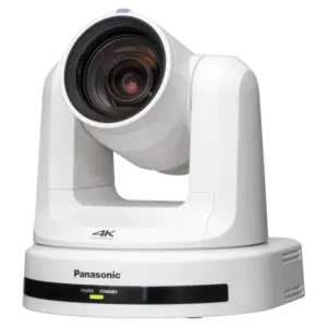 Cámara PTZ Panasonic AW-UE20 4K con zoom óptico 12x, salidas 3G-SDI, HDMI, USB, streaming IP y alimentación PoE+.