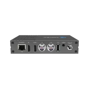 Codificador profesional Kiloview E3 con entradas HDMI 4K, 3G-SDI y USB, compatible con NDI® HX, SRT, H.265, PoE y transmisión IP para producción audiovisual.