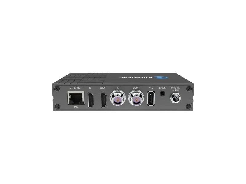 Codificador profesional Kiloview E3 con entradas HDMI 4K, 3G-SDI y USB, compatible con NDI® HX, SRT, H.265, PoE y transmisión IP para producción audiovisual.