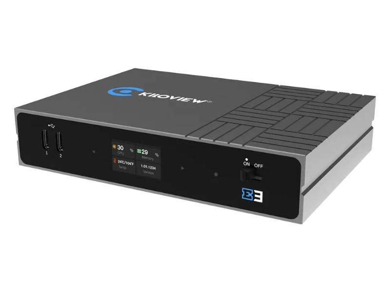Codificador profesional Kiloview E3 con entradas HDMI 4K, 3G-SDI y USB, compatible con NDI® HX, SRT, H.265, PoE y transmisión IP para producción audiovisual.