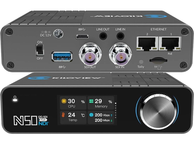 Codificador y decodificador Kiloview N50 con entrada y salida 12G-SDI, compatibilidad NDI®, SRT, PoE, grabación integrada y funciones broadcast profesionales.