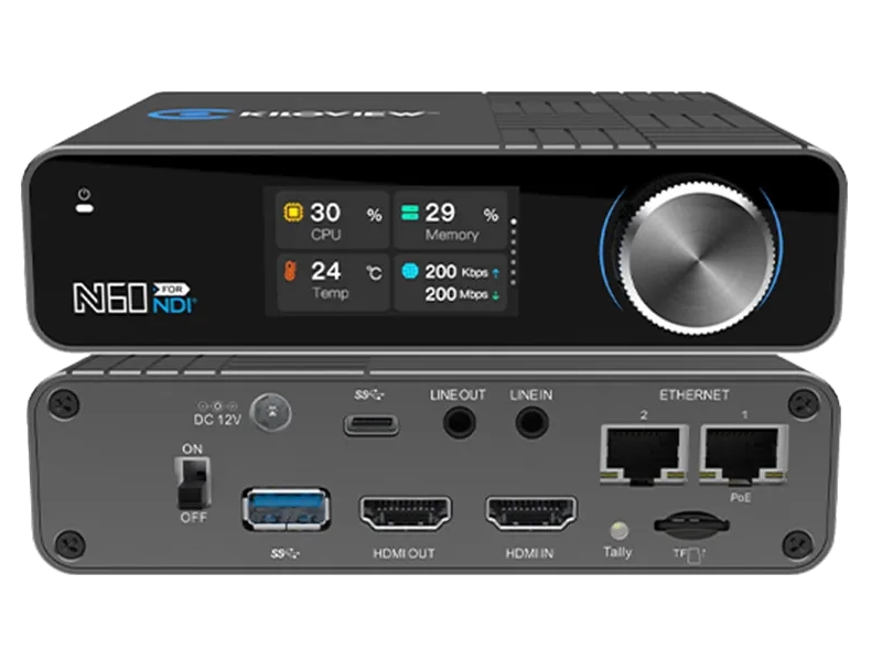 Kiloview N60, codificador y decodificador HDMI 4K bidireccional con NDI®, SRT, PoE, doble Ethernet Gigabit, grabación integrada y funciones broadcast profesionales.