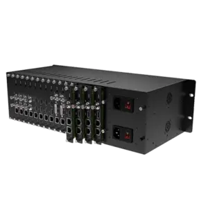 Chasis rack Kiloview RU03 de 3U con capacidad para dieciséis módulos, doble fuente redundante y sistema de refrigeración para instalaciones broadcast profesionales.