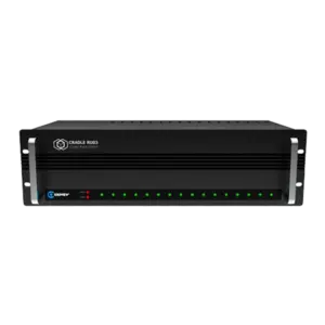 Chasis rack Kiloview RU03 de 3U con capacidad para dieciséis módulos, doble fuente redundante y sistema de refrigeración para instalaciones broadcast profesionales.