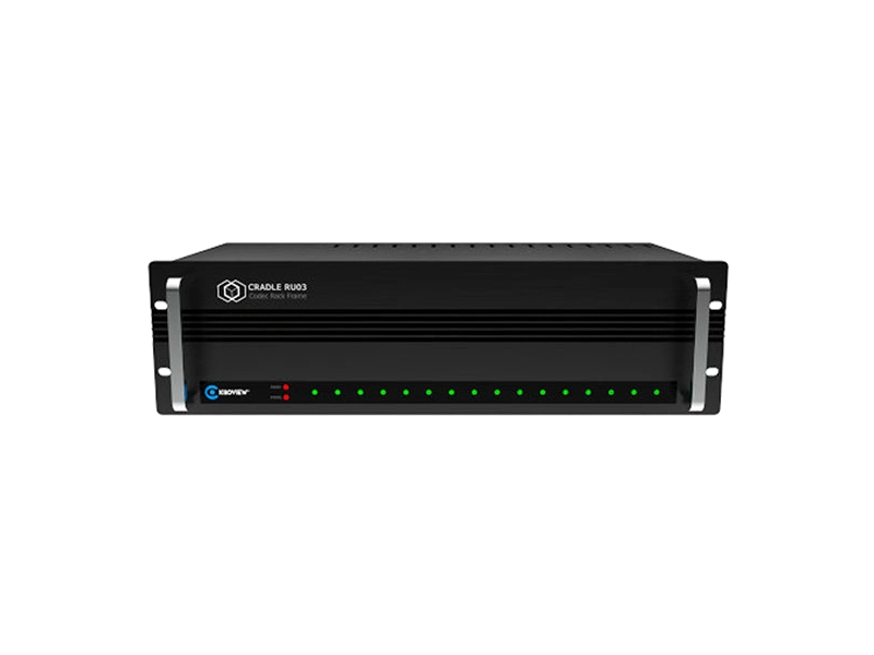Chasis rack Kiloview RU03 de 3U con capacidad para dieciséis módulos, doble fuente redundante y sistema de refrigeración para instalaciones broadcast profesionales.