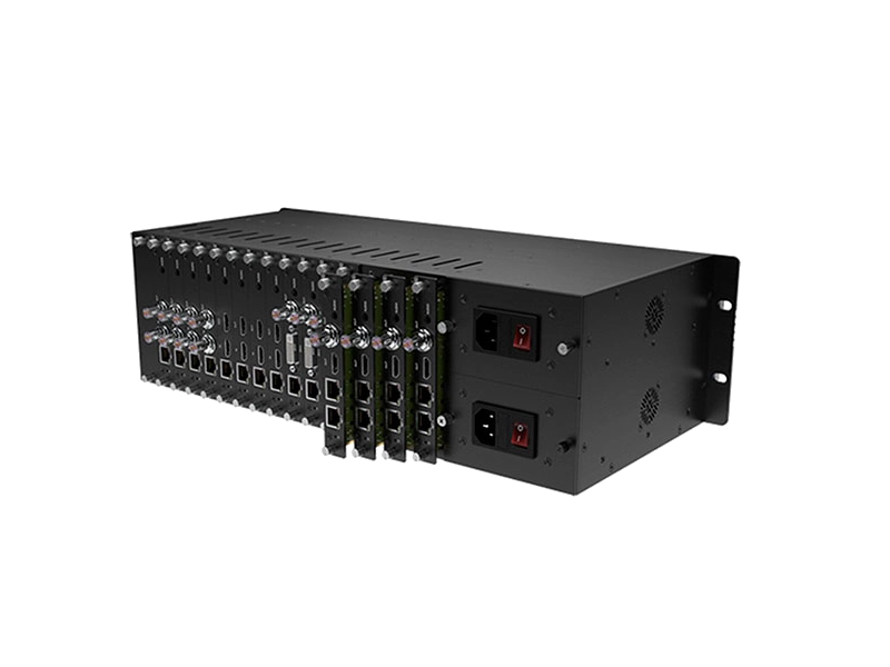 Chasis rack Kiloview RU03 de 3U con capacidad para dieciséis módulos, doble fuente redundante y sistema de refrigeración para instalaciones broadcast profesionales.