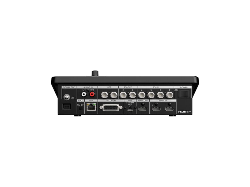 Mezclador Panasonic AV-HSW10 con entradas SDI, HDMI e IP, compatibilidad con NDI®, SRT, USB-C y funciones profesionales para producción en directo.
