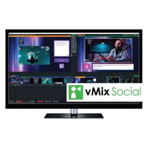 Software profesional vMix para producción de vídeo en directo, streaming, realización multicámara y producción broadcast con diferentes opciones de licencia.