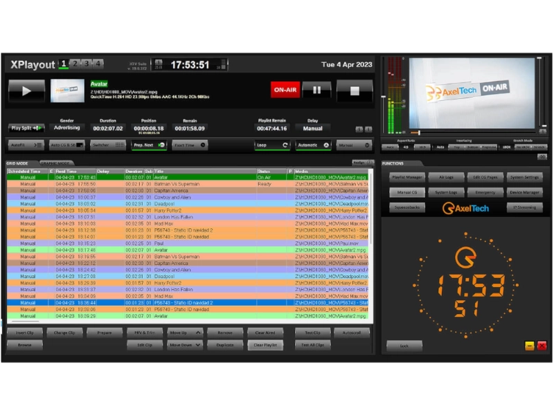 Axel Technology XPlayout, software profesional de automatización broadcast Channel In A Box para televisión con reproducción multiformato, SDI, NDI® e IP.
