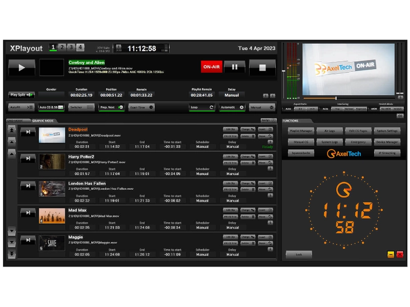 Axel Technology XPlayout, software profesional de automatización broadcast Channel In A Box para televisión con reproducción multiformato, SDI, NDI® e IP.