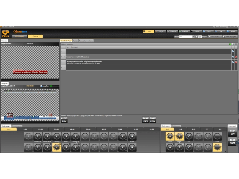 Axel Technology CG Plus, software profesional de grafismo broadcast para creación de caracteres, gráficos en tiempo real y automatización de emisiones.
