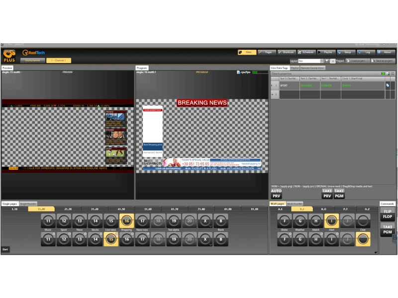 Axel Technology CG Plus, software profesional de grafismo broadcast para creación de caracteres, gráficos en tiempo real y automatización de emisiones.