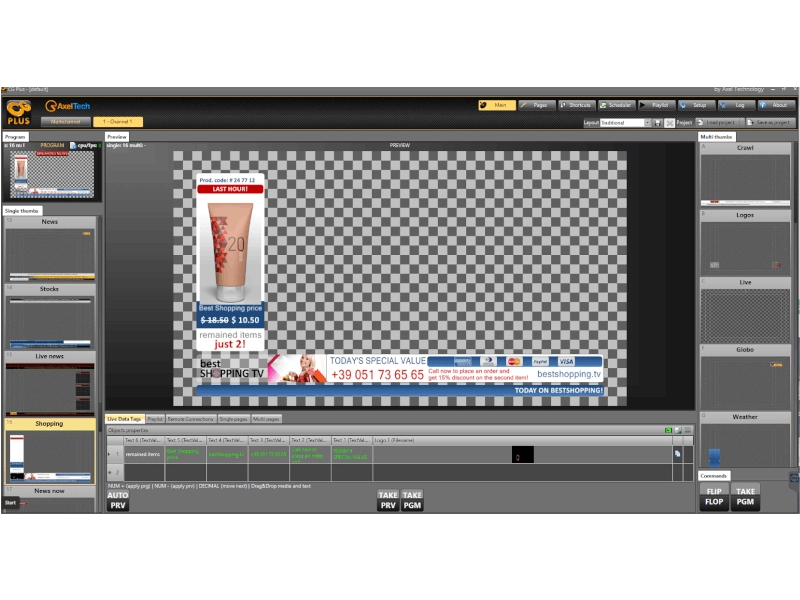 Axel Technology CG Plus, software profesional de grafismo broadcast para creación de caracteres, gráficos en tiempo real y automatización de emisiones.