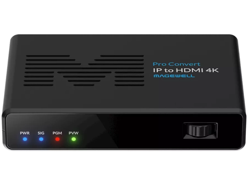 Magewell Pro Convert IP to HDMI 4K, decodificador profesional de vídeo IP con salida HDMI 4K60 y soporte para NDI, SRT, RIST y otros protocolos.