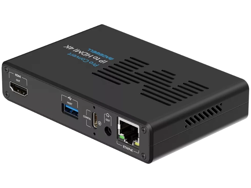 Magewell Pro Convert IP to HDMI 4K, decodificador profesional de vídeo IP con salida HDMI 4K60 y soporte para NDI, SRT, RIST y otros protocolos.